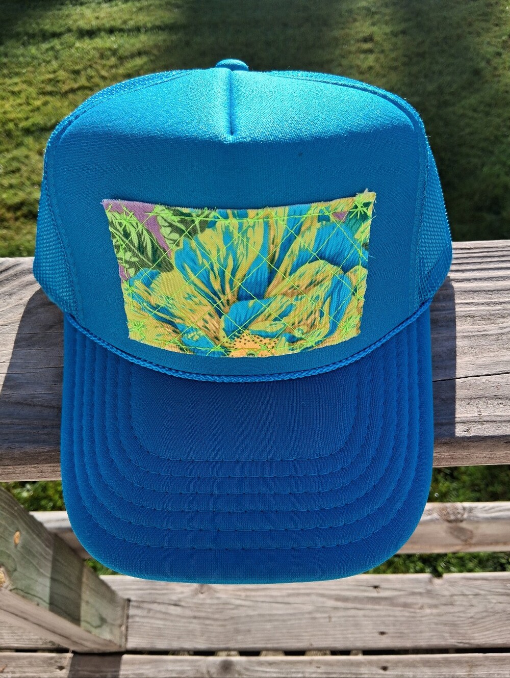 Teal Blue Trucker Hat with Multicolor Floral Handmade Patch